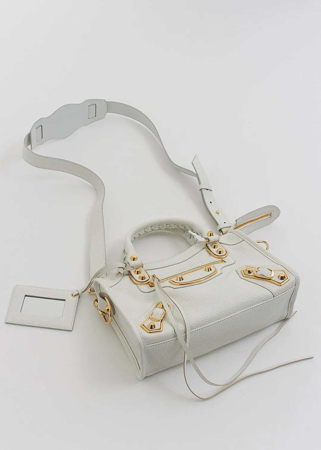 Balenciaga White Leather Metallic Edge Motocross Mini City Bag