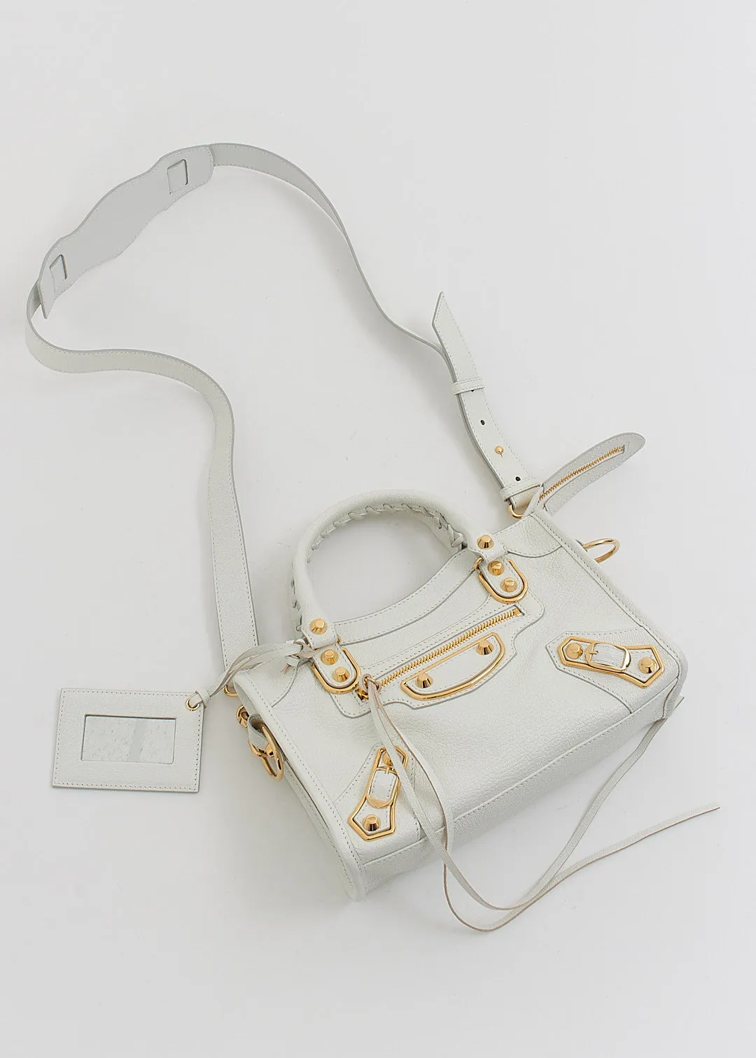 Balenciaga White Leather Metallic Edge Motocross Mini City Bag