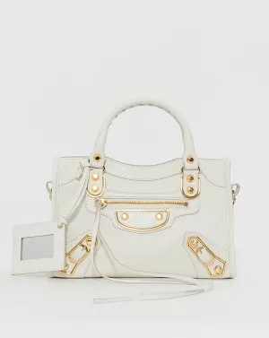 Balenciaga White Leather Metallic Edge Motocross Mini City Bag