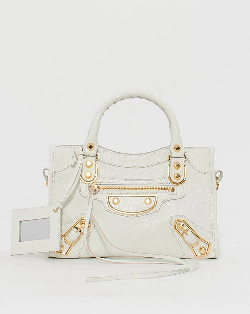 Balenciaga White Leather Metallic Edge Motocross Mini City Bag