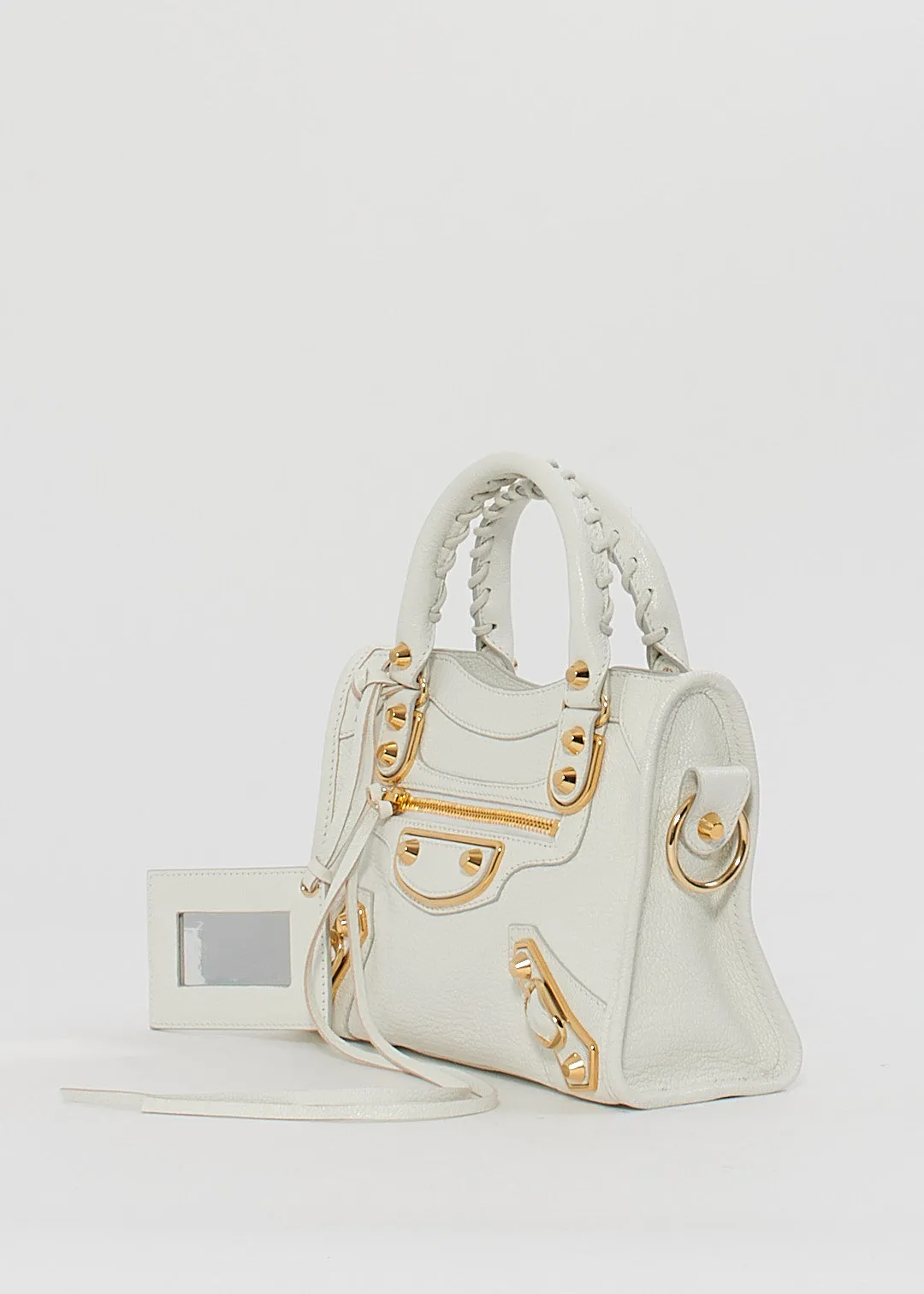 Balenciaga White Leather Metallic Edge Motocross Mini City Bag