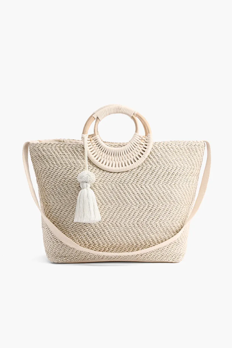 Birch Lurex Durrie Cane Handle Hand Woven Large White Tote