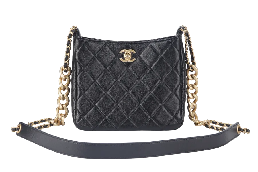 CHANEL 22P HOBO BAG (K63xxxx) BLACK SMALL LAMBSKIN GOLD HARDWARE WITH DUST COVER AND BOX