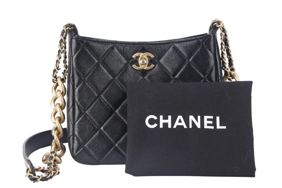 CHANEL 22P HOBO BAG (K63xxxx) BLACK SMALL LAMBSKIN GOLD HARDWARE WITH DUST COVER AND BOX