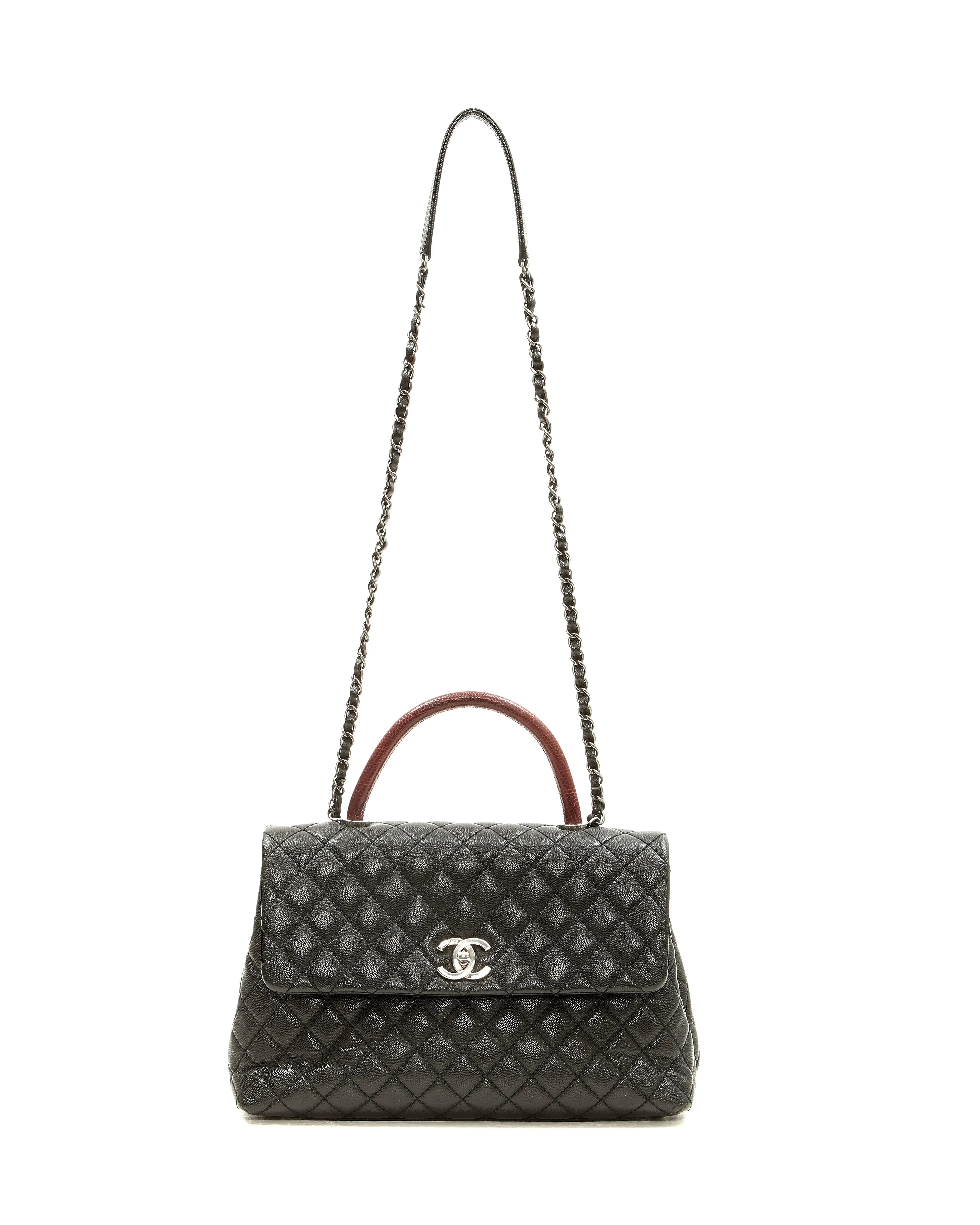 Chanel Black Caviar Quilted Lizard Handle Coco Top Handle Bag