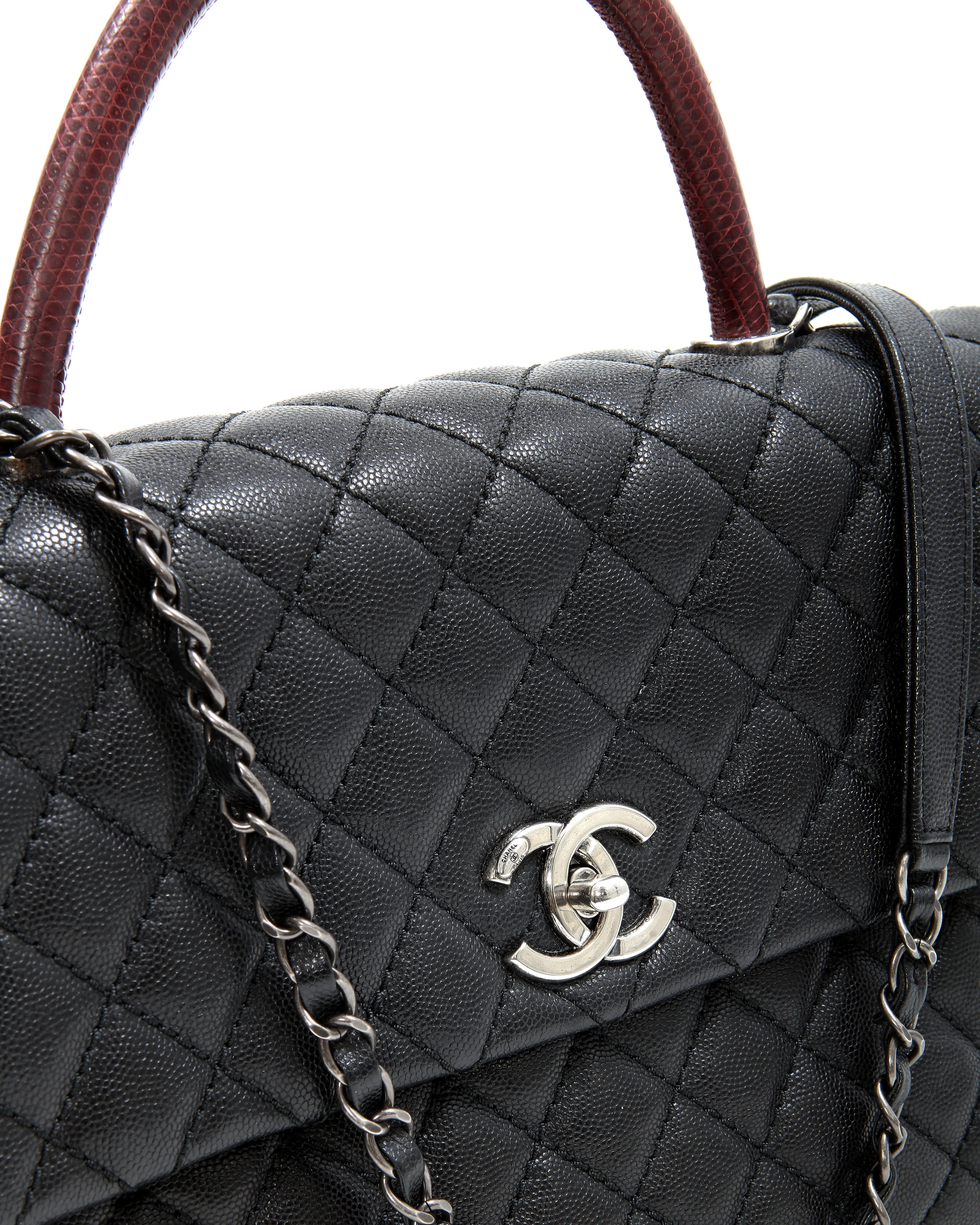 Chanel Black Caviar Quilted Lizard Handle Coco Top Handle Bag