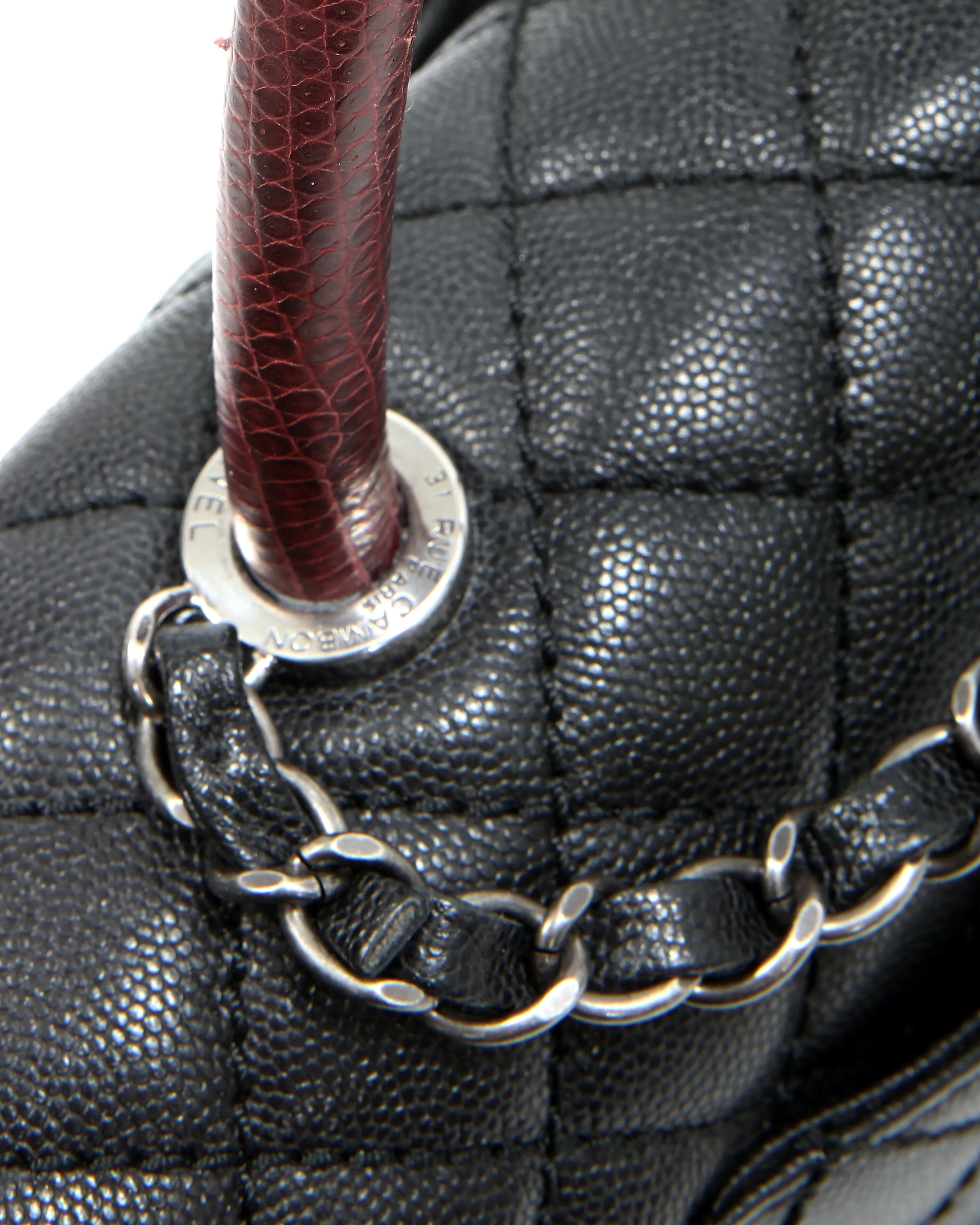 Chanel Black Caviar Quilted Lizard Handle Coco Top Handle Bag