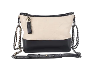 CHANEL GABRIELLE HOBO MEDIUM (2403xxxx) BEIGE-BLACK AGED CALFSKIN WITH GOLD TONE/SILVER TONE & RUTHENIUM HARDWARE WITH DUST COVER AND BOX