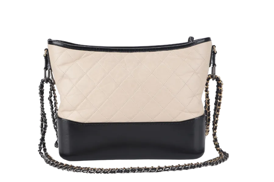 CHANEL GABRIELLE HOBO MEDIUM (2403xxxx) BEIGE-BLACK AGED CALFSKIN WITH GOLD TONE/SILVER TONE & RUTHENIUM HARDWARE WITH DUST COVER AND BOX