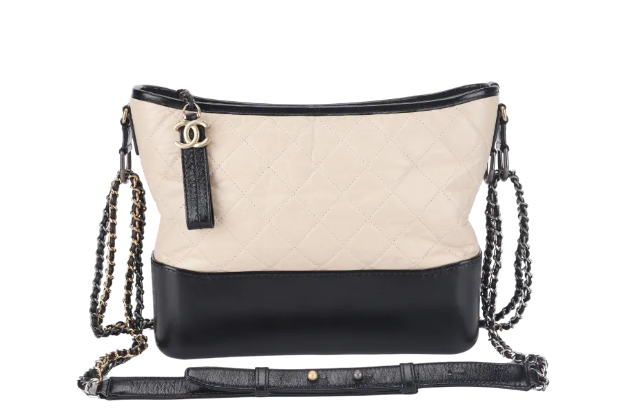 CHANEL GABRIELLE HOBO MEDIUM (2403xxxx) BEIGE-BLACK AGED CALFSKIN WITH GOLD TONE/SILVER TONE & RUTHENIUM HARDWARE WITH DUST COVER AND BOX