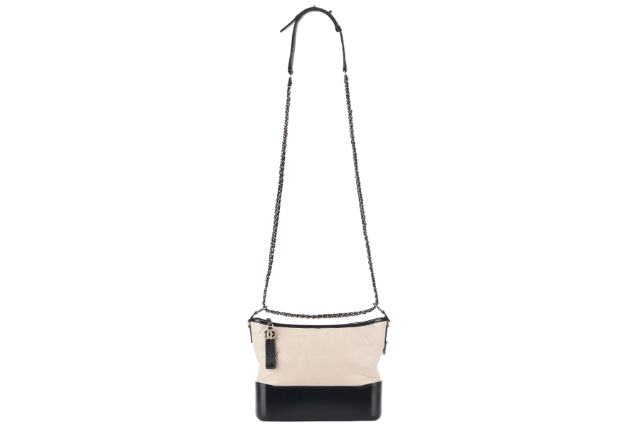 CHANEL GABRIELLE HOBO MEDIUM (2403xxxx) BEIGE-BLACK AGED CALFSKIN WITH GOLD TONE/SILVER TONE & RUTHENIUM HARDWARE WITH DUST COVER AND BOX