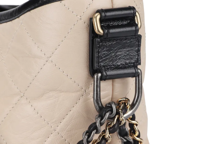 CHANEL GABRIELLE HOBO MEDIUM (2403xxxx) BEIGE-BLACK AGED CALFSKIN WITH GOLD TONE/SILVER TONE & RUTHENIUM HARDWARE WITH DUST COVER AND BOX