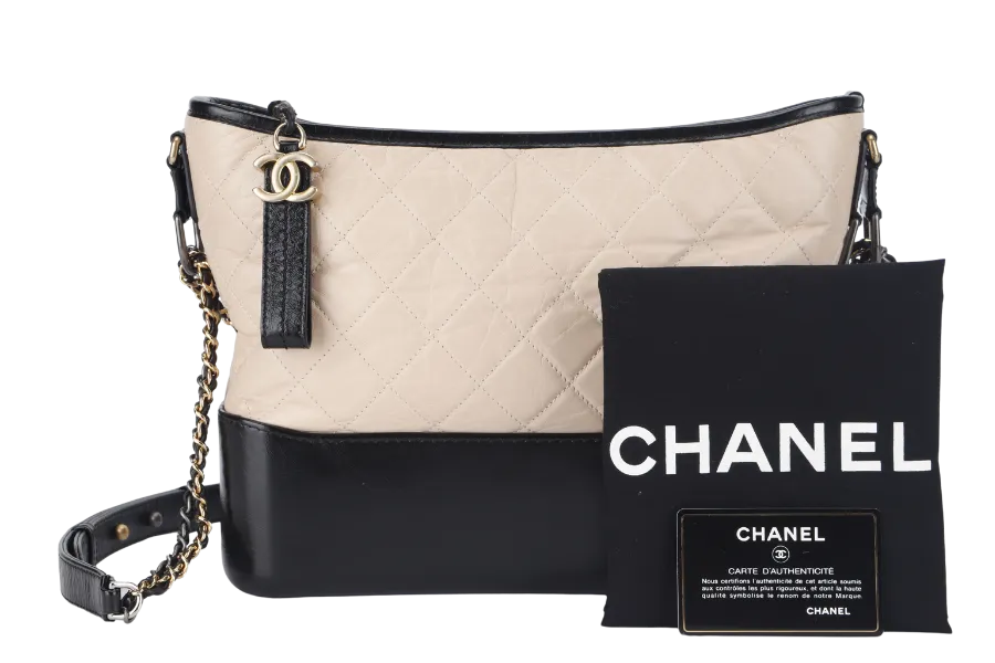 CHANEL GABRIELLE HOBO MEDIUM (2403xxxx) BEIGE-BLACK AGED CALFSKIN WITH GOLD TONE/SILVER TONE & RUTHENIUM HARDWARE WITH DUST COVER AND BOX