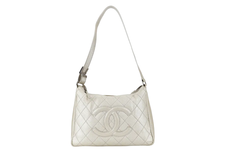 CHANEL VINTAGE CC HOBO LIGHT METALLIC GOLD CAVIAR SILVER HARDWARE 1057xxxx WITH CARD AND DUST COVER