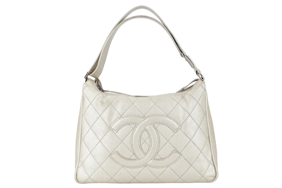 CHANEL VINTAGE CC HOBO LIGHT METALLIC GOLD CAVIAR SILVER HARDWARE 1057xxxx WITH CARD AND DUST COVER