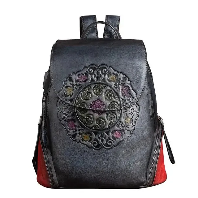 Christianartbag Handmade Leather Bag, Backpack Retro Genuine Leather Backpacks For Women New Handmade Embossed Vintage Bag China Style Backpack Ladies, CABHMB04161023