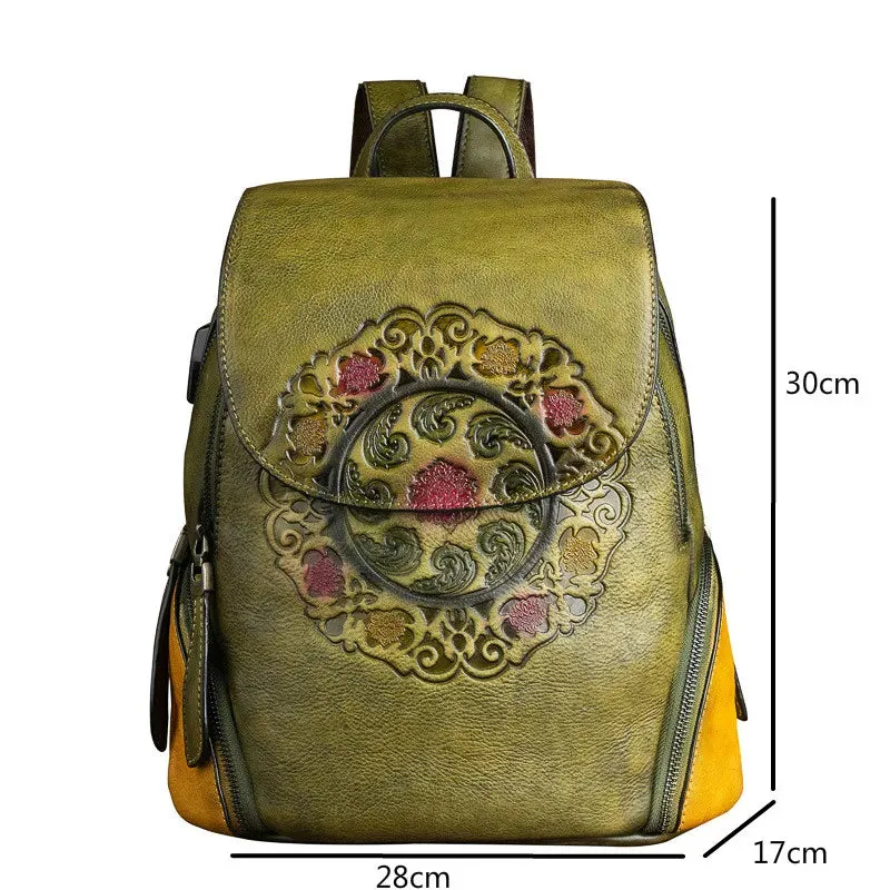 Christianartbag Handmade Leather Bag, Backpack Retro Genuine Leather Backpacks For Women New Handmade Embossed Vintage Bag China Style Backpack Ladies, CABHMB04161023