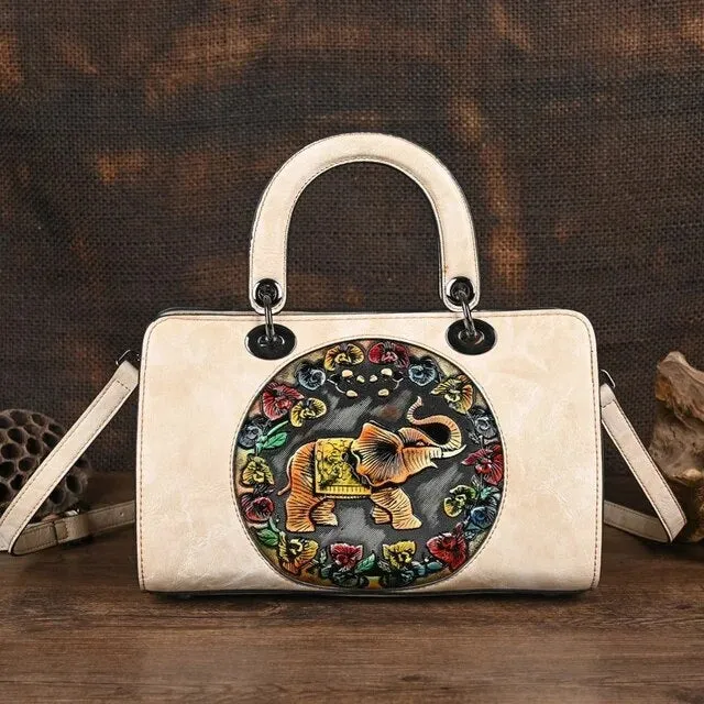 Christianartbag Handmade Leather Bag, Luxury Handbag Vintage Handmade Women Shoulder Bag For Ladies Hand Bags New Vintage Embossed Hand Painted Handmade Handbags Elephant, CABHMB02141023