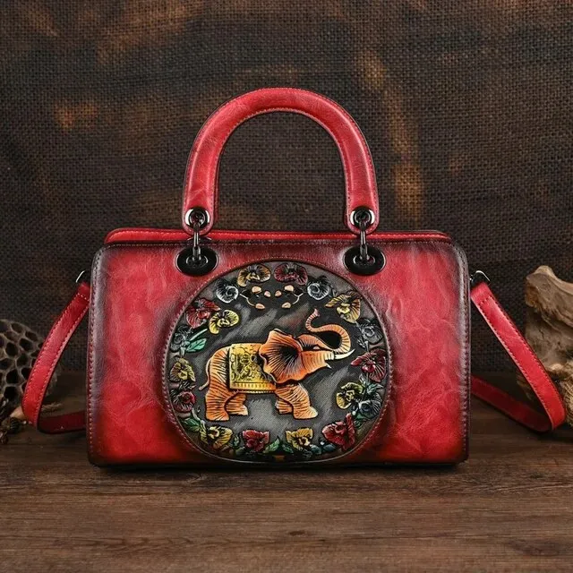 Christianartbag Handmade Leather Bag, Luxury Handbag Vintage Handmade Women Shoulder Bag For Ladies Hand Bags New Vintage Embossed Hand Painted Handmade Handbags Elephant, CABHMB02141023