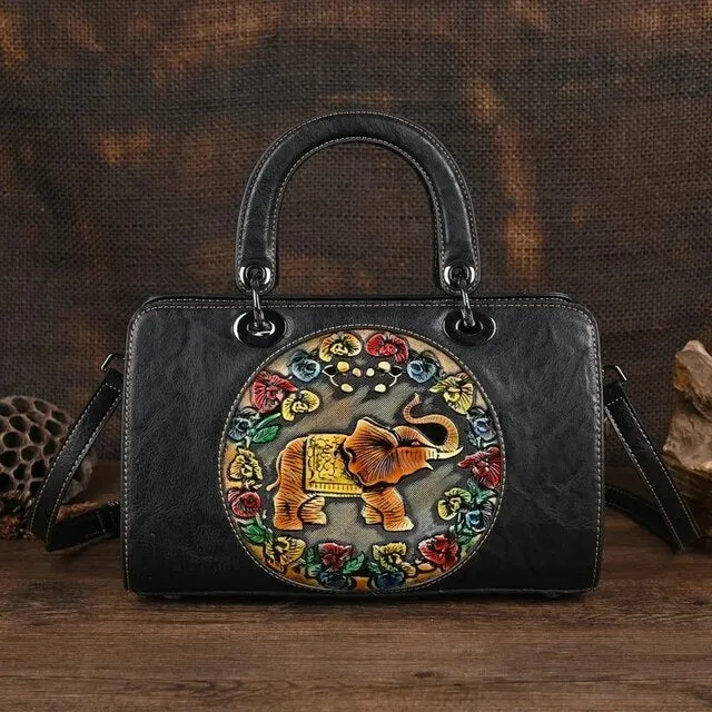 Christianartbag Handmade Leather Bag, Luxury Handbag Vintage Handmade Women Shoulder Bag For Ladies Hand Bags New Vintage Embossed Hand Painted Handmade Handbags Elephant, CABHMB02141023