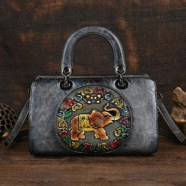 Christianartbag Handmade Leather Bag, Luxury Handbag Vintage Handmade Women Shoulder Bag For Ladies Hand Bags New Vintage Embossed Hand Painted Handmade Handbags Elephant, CABHMB02141023