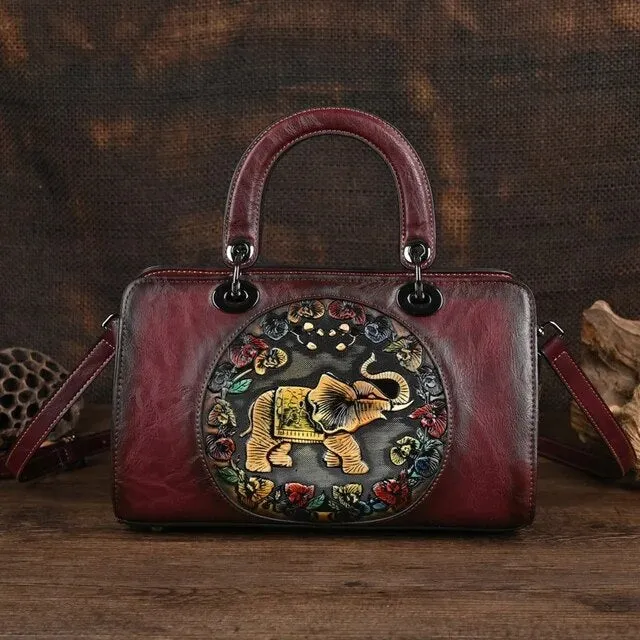 Christianartbag Handmade Leather Bag, Luxury Handbag Vintage Handmade Women Shoulder Bag For Ladies Hand Bags New Vintage Embossed Hand Painted Handmade Handbags Elephant, CABHMB02141023