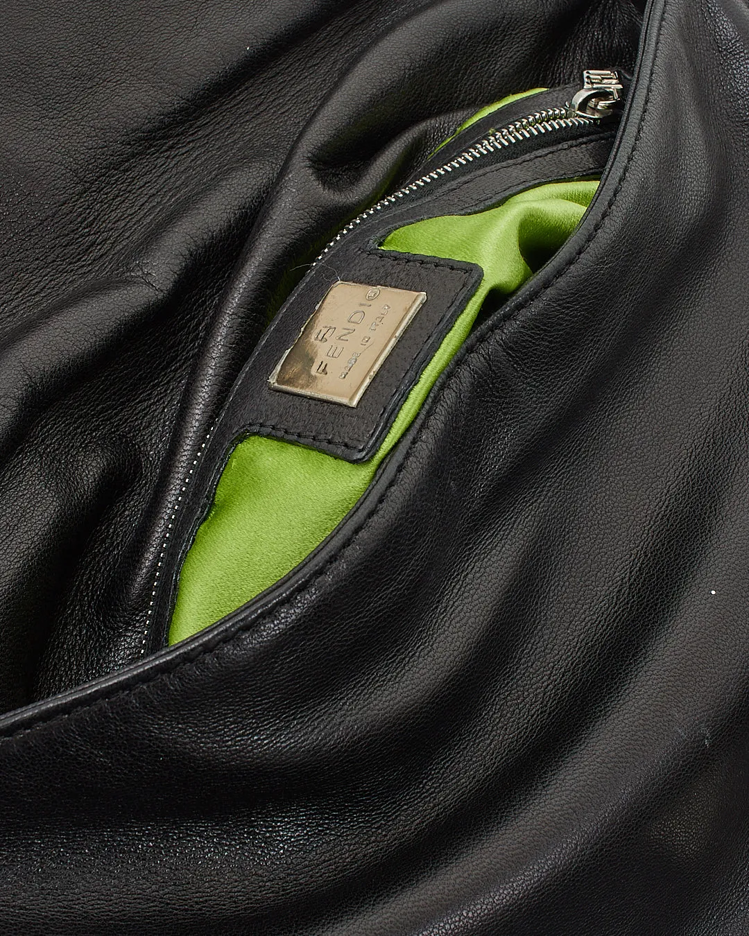 Fendi Black Leather Green Logo Mama Forever Baguette Bag