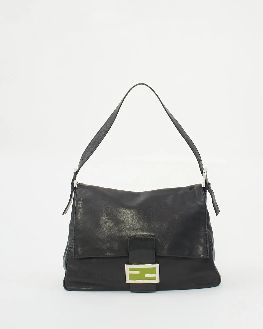 Fendi Black Leather Green Logo Mama Forever Baguette Bag