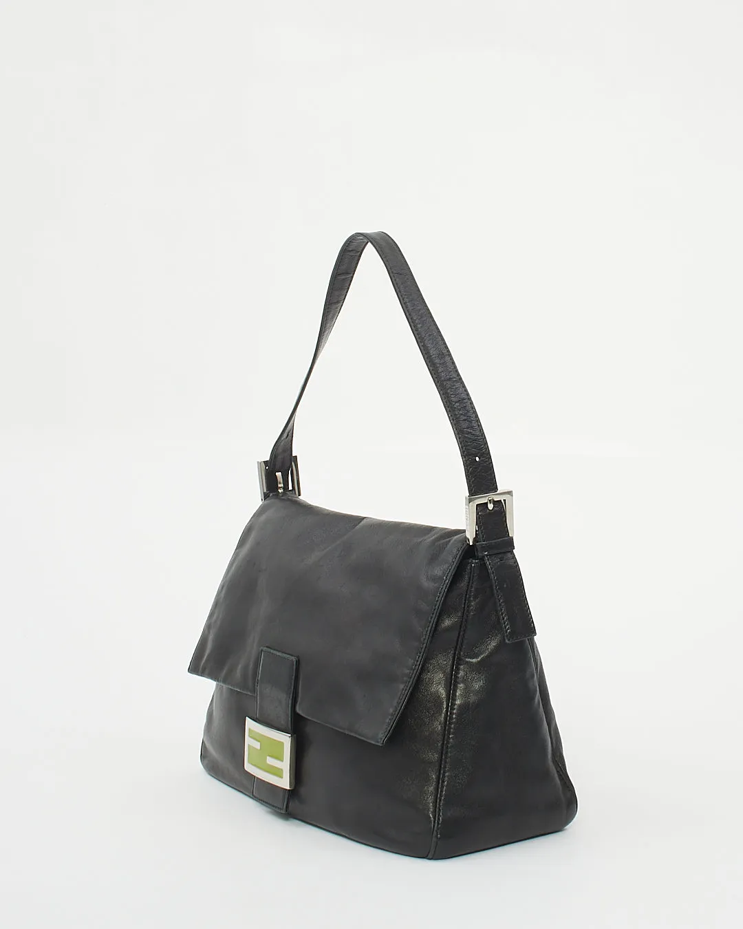 Fendi Black Leather Green Logo Mama Forever Baguette Bag