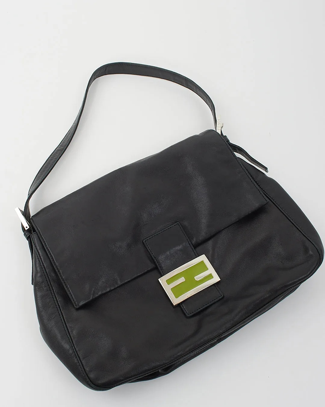 Fendi Black Leather Green Logo Mama Forever Baguette Bag