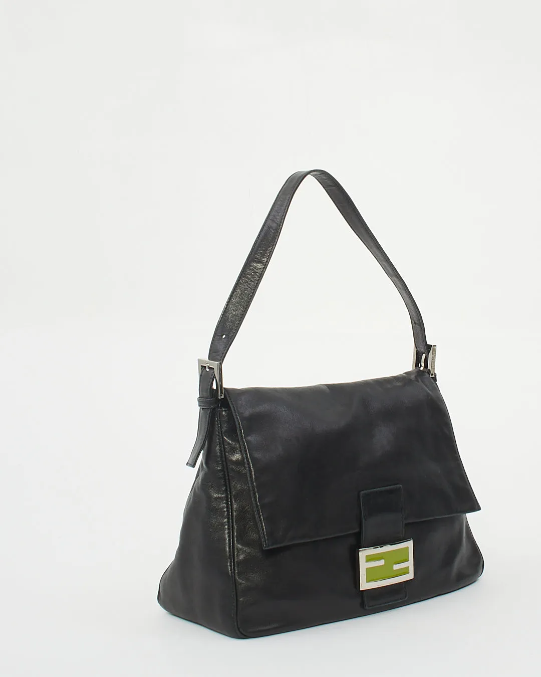 Fendi Black Leather Green Logo Mama Forever Baguette Bag