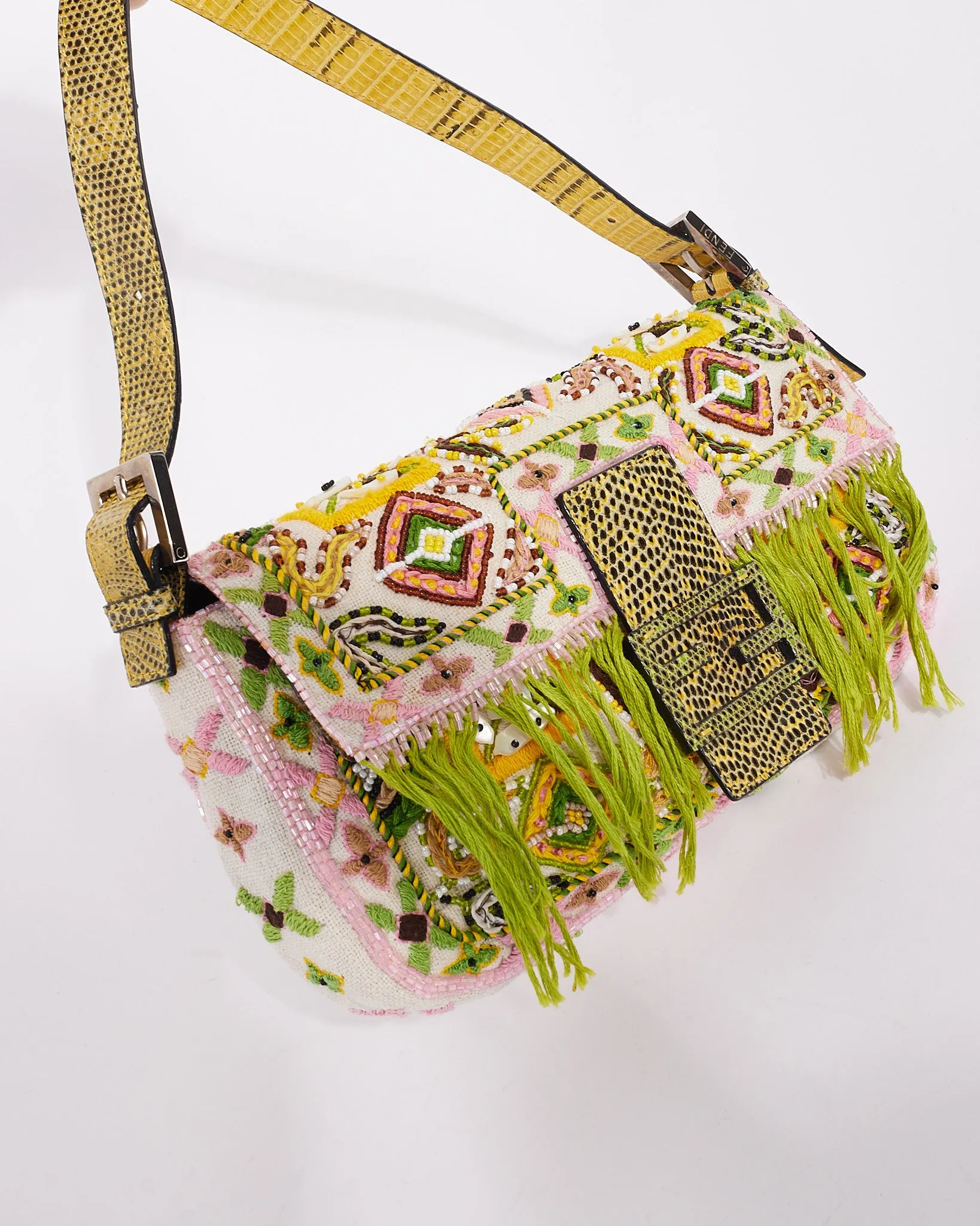 Fendi Limited Edition Green Lizard Trim Multi Beaded Embellished Fringe Baguette Bag