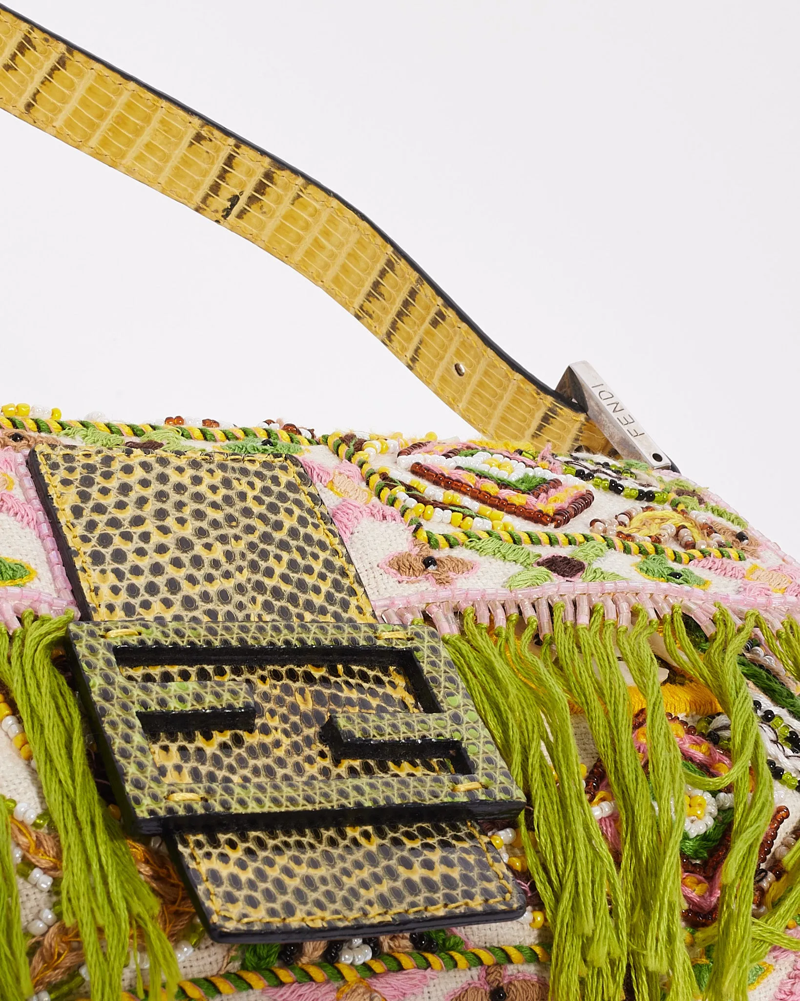 Fendi Limited Edition Green Lizard Trim Multi Beaded Embellished Fringe Baguette Bag