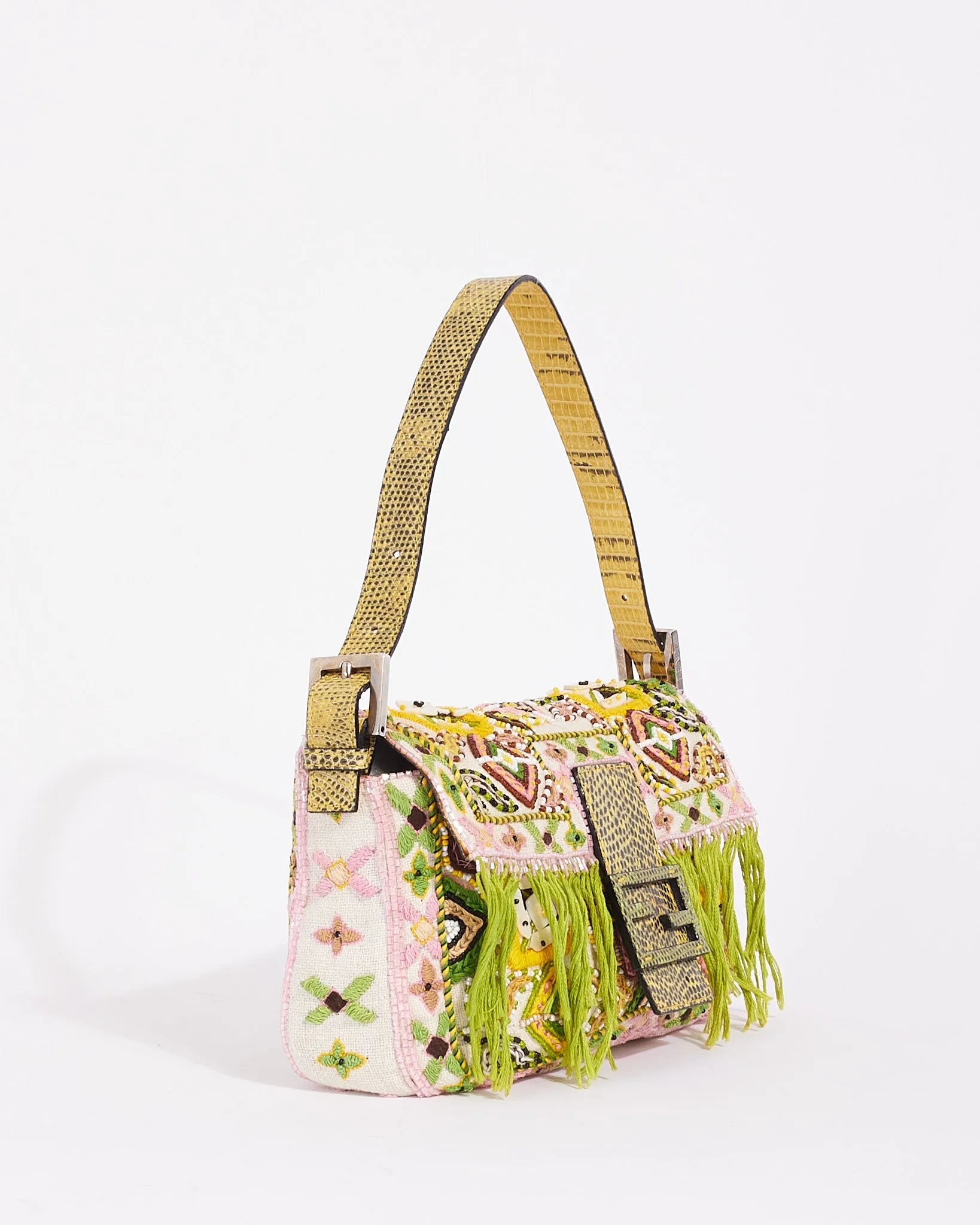 Fendi Limited Edition Green Lizard Trim Multi Beaded Embellished Fringe Baguette Bag