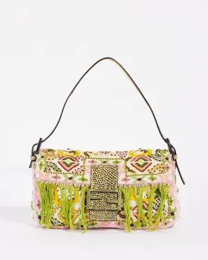 Fendi Limited Edition Green Lizard Trim Multi Beaded Embellished Fringe Baguette Bag