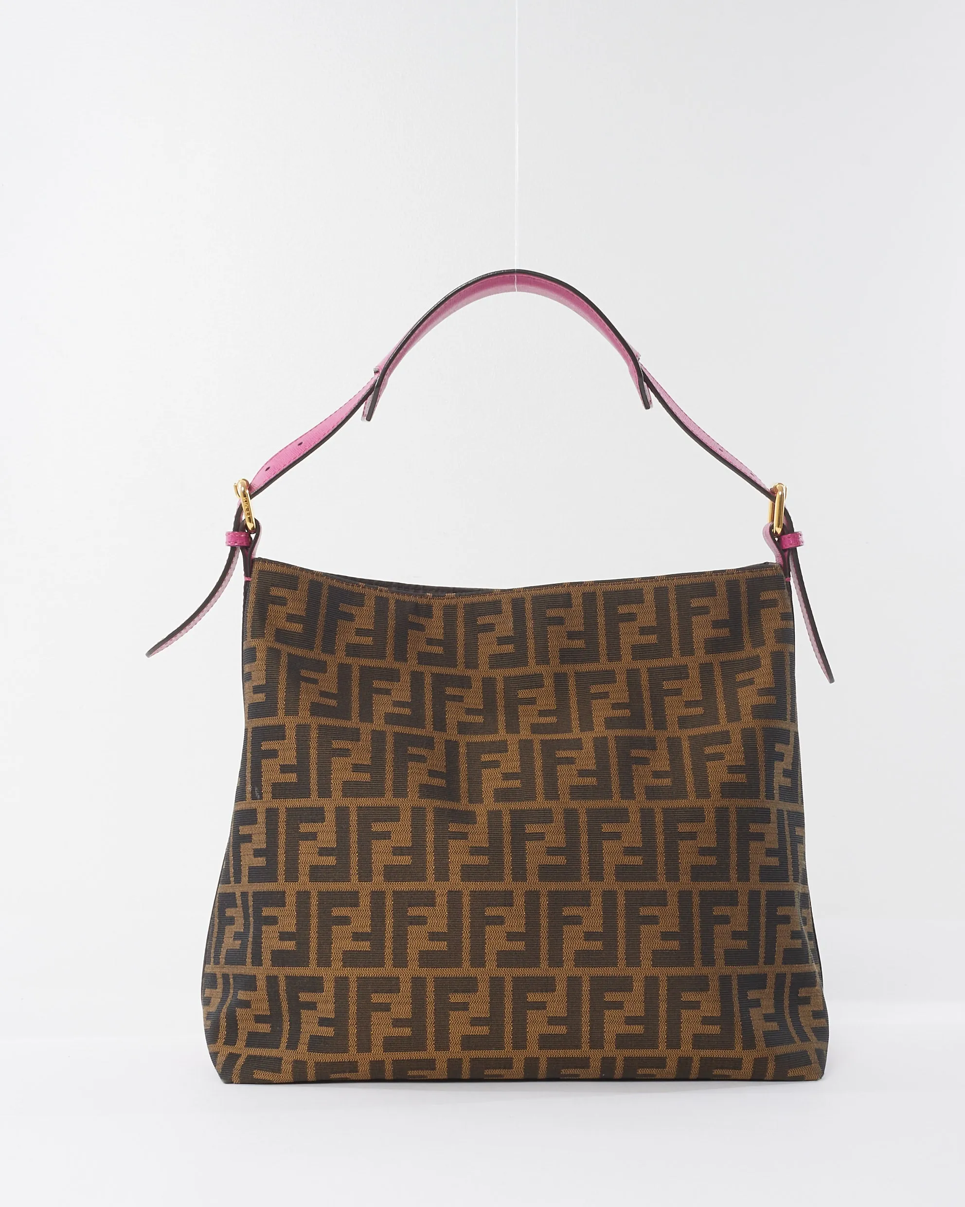 Fendi Pink Buckle Strap Brown Zucca Print Canvas Hobo Bag