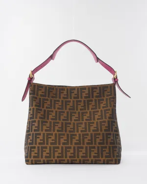 Fendi Pink Buckle Strap Brown Zucca Print Canvas Hobo Bag