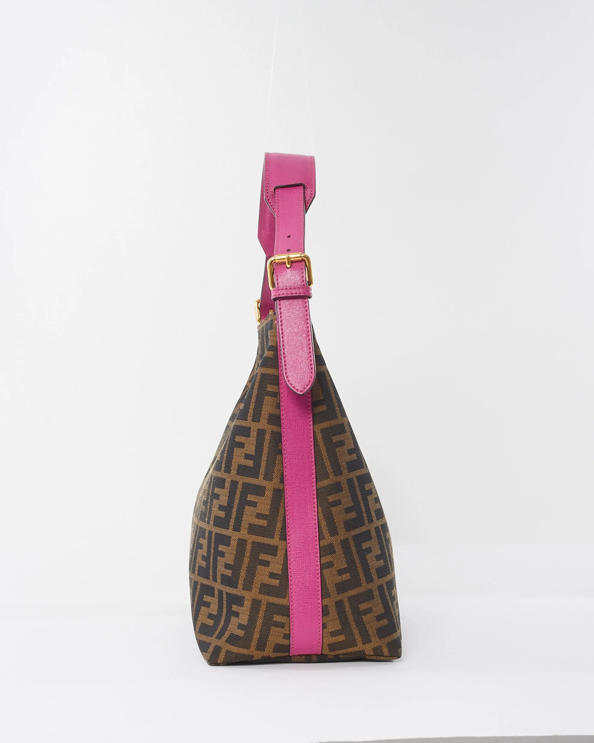 Fendi Pink Buckle Strap Brown Zucca Print Canvas Hobo Bag