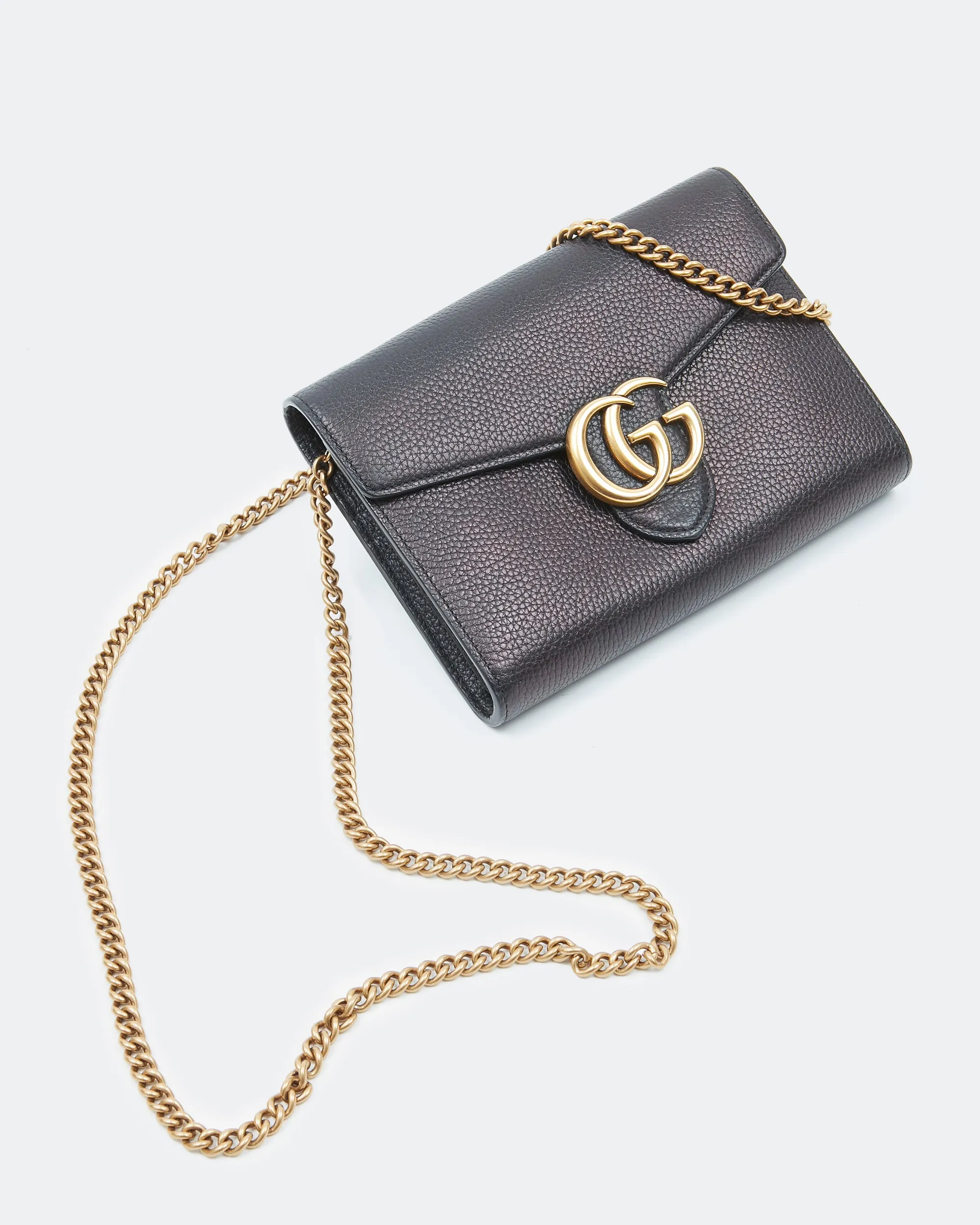 Gucci Black Grained Leather GG Marmont Wallet On Chain