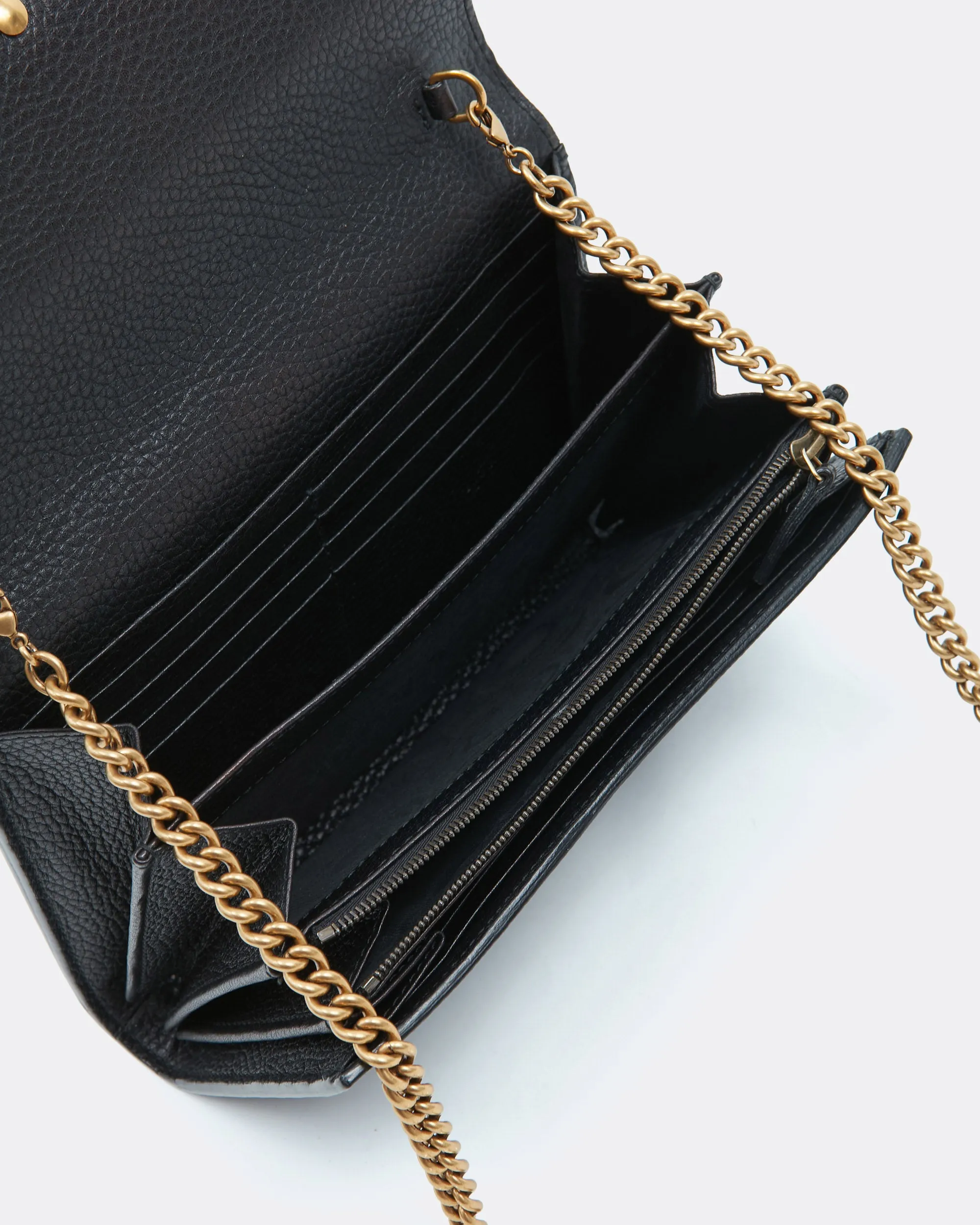 Gucci Black Grained Leather GG Marmont Wallet On Chain