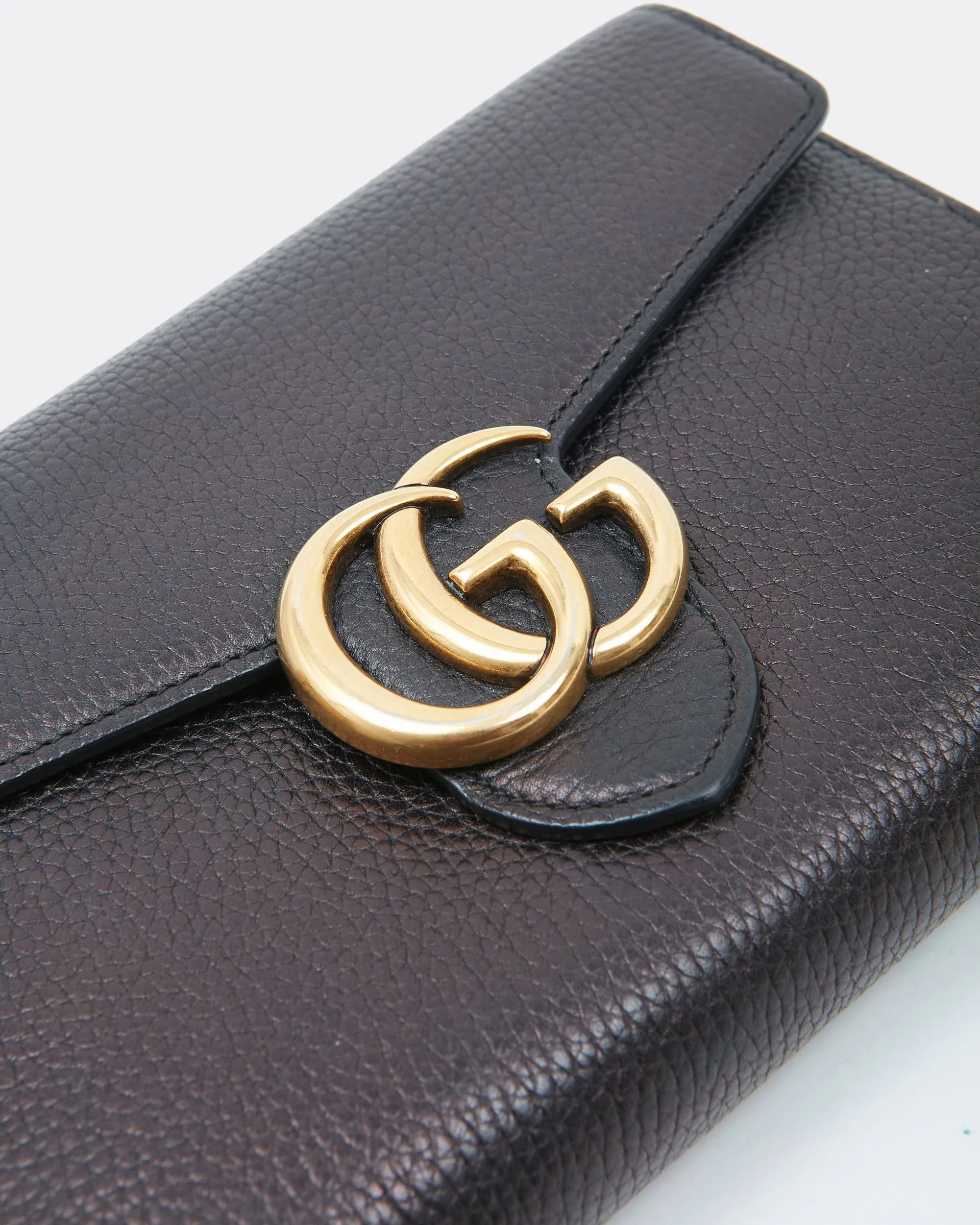 Gucci Black Grained Leather GG Marmont Wallet On Chain