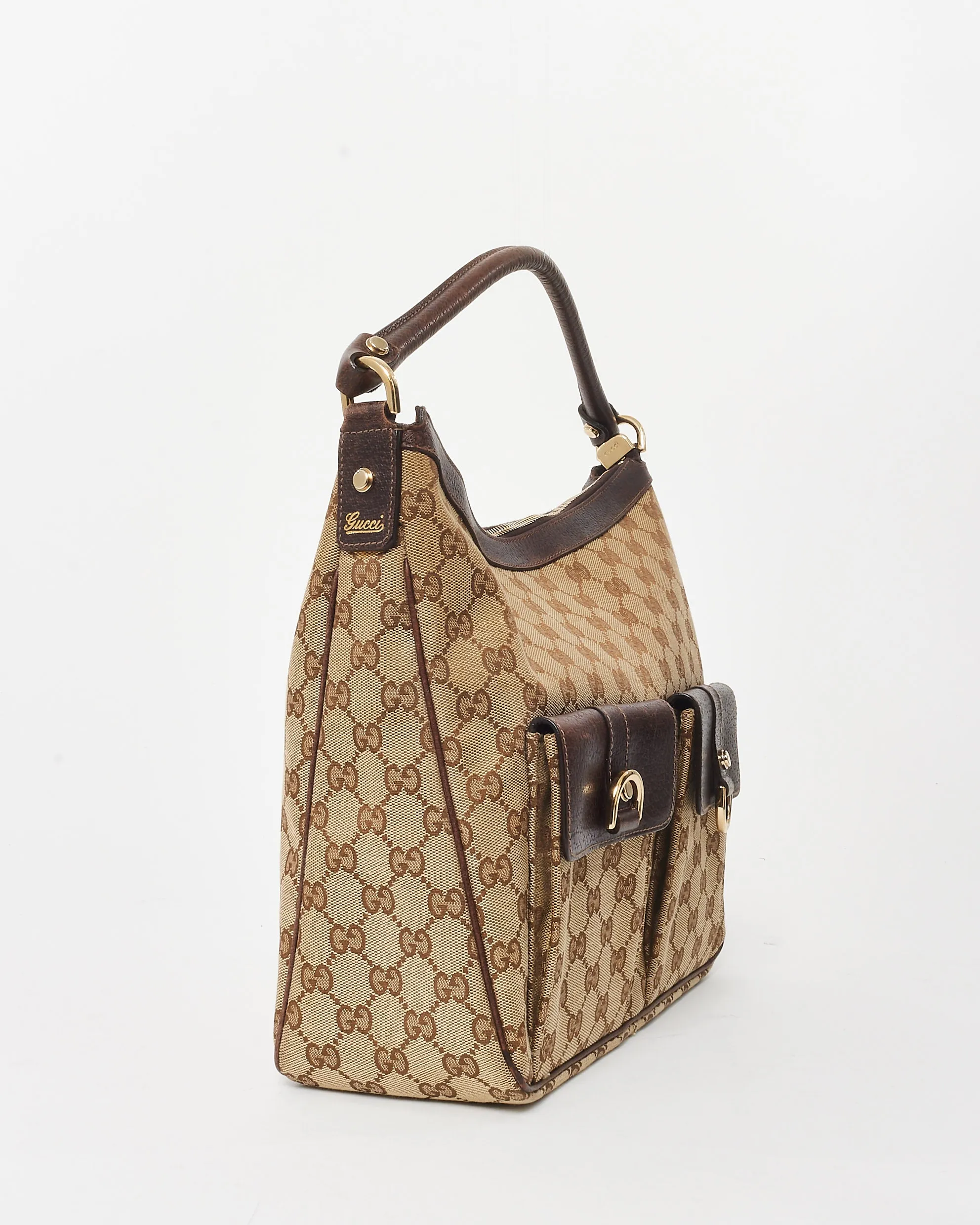 Gucci Brown & Beige GG Monogram Canvas Abbey Pocket Hobo Bag