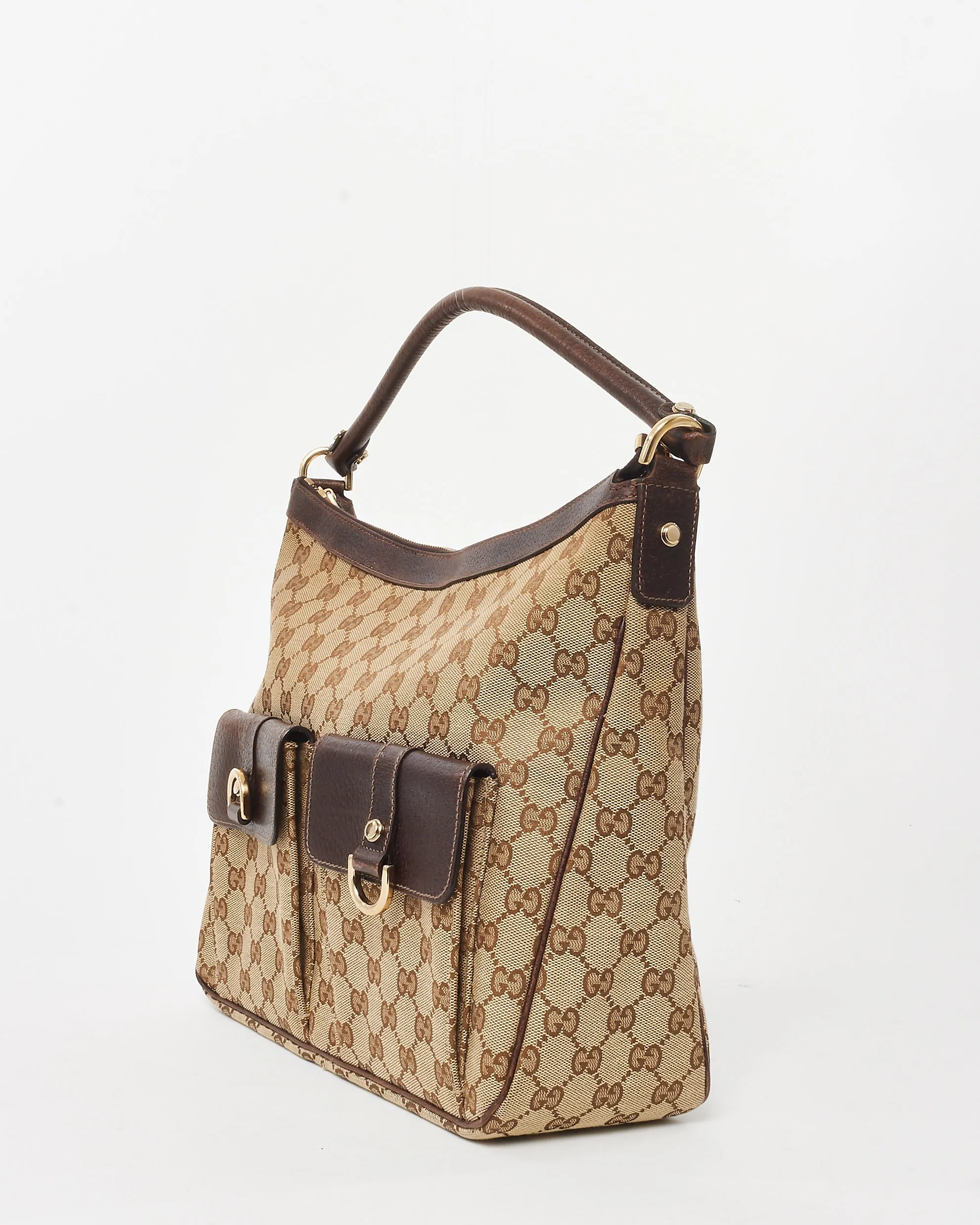 Gucci Brown & Beige GG Monogram Canvas Abbey Pocket Hobo Bag