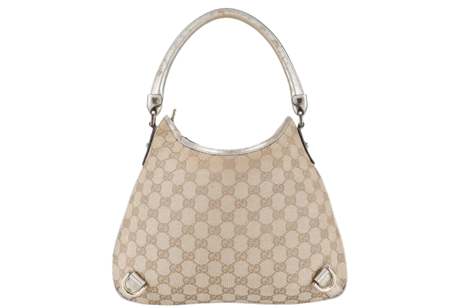 GUCCI GG ABBEY CANVAS METALLIC GOLD TRIM HOBO BAG WITH DUST COVER