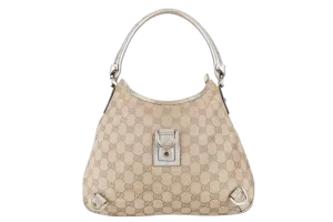 GUCCI GG ABBEY CANVAS METALLIC GOLD TRIM HOBO BAG WITH DUST COVER