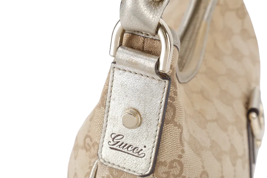 GUCCI GG ABBEY CANVAS METALLIC GOLD TRIM HOBO BAG WITH DUST COVER