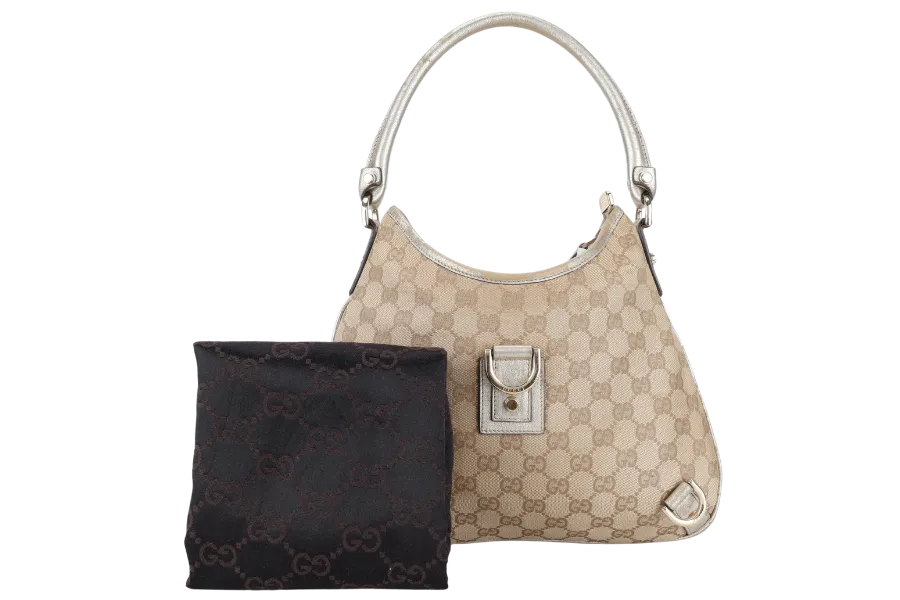 GUCCI GG ABBEY CANVAS METALLIC GOLD TRIM HOBO BAG WITH DUST COVER