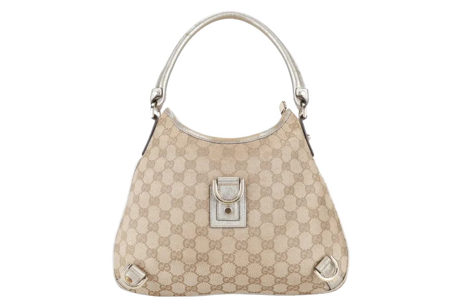 GUCCI GG ABBEY CANVAS METALLIC GOLD TRIM HOBO BAG WITH DUST COVER