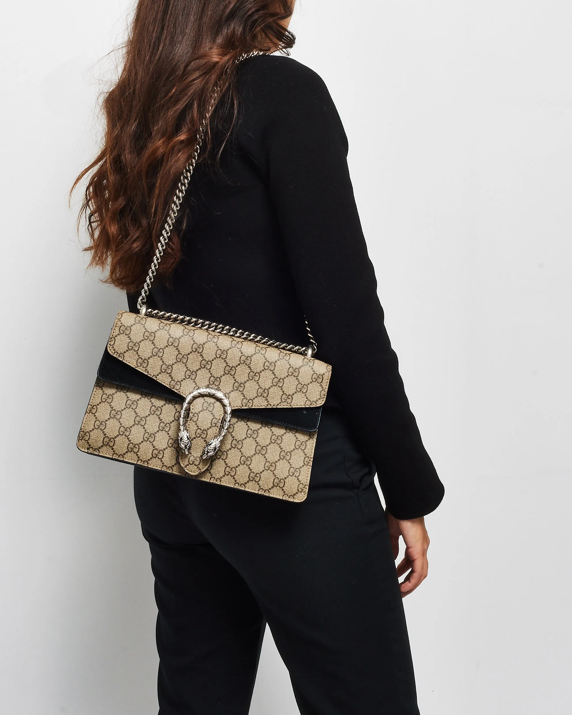 Gucci Monogram Coated Canvas & Black Suede Small Dionysus Shoulder Bag