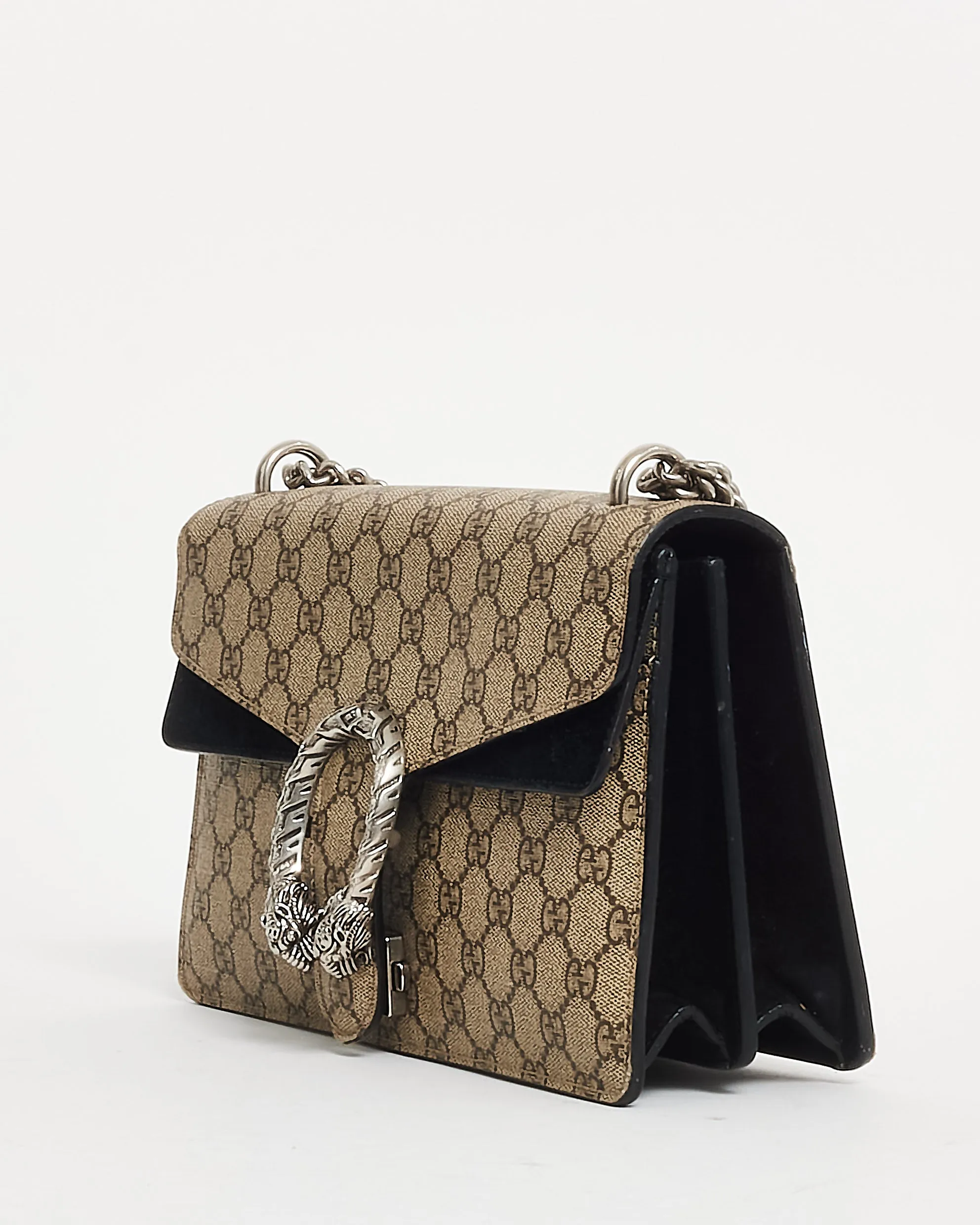 Gucci Monogram Coated Canvas & Black Suede Small Dionysus Shoulder Bag